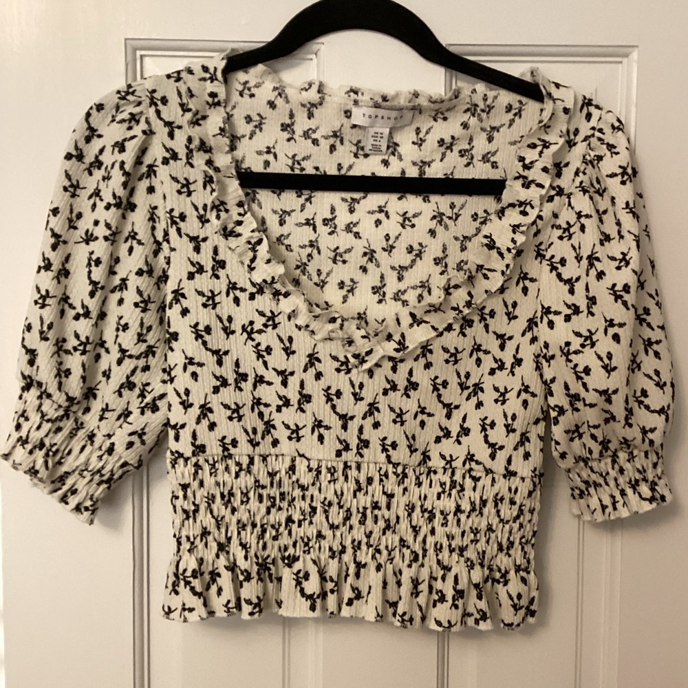 Topshop Black and White Floral Print Crop Top